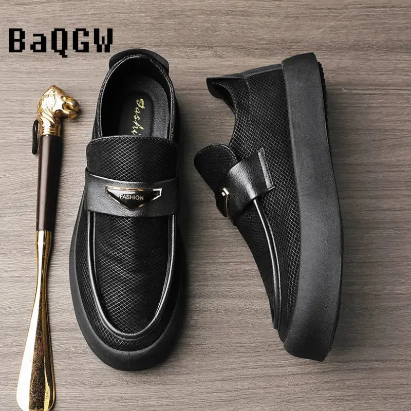 British Style Mens Fashion Leather Casual Shoes Spring Autumn Outdoor Office Slip-On Luxury Loafers Flat Skate Shoes Comfortable