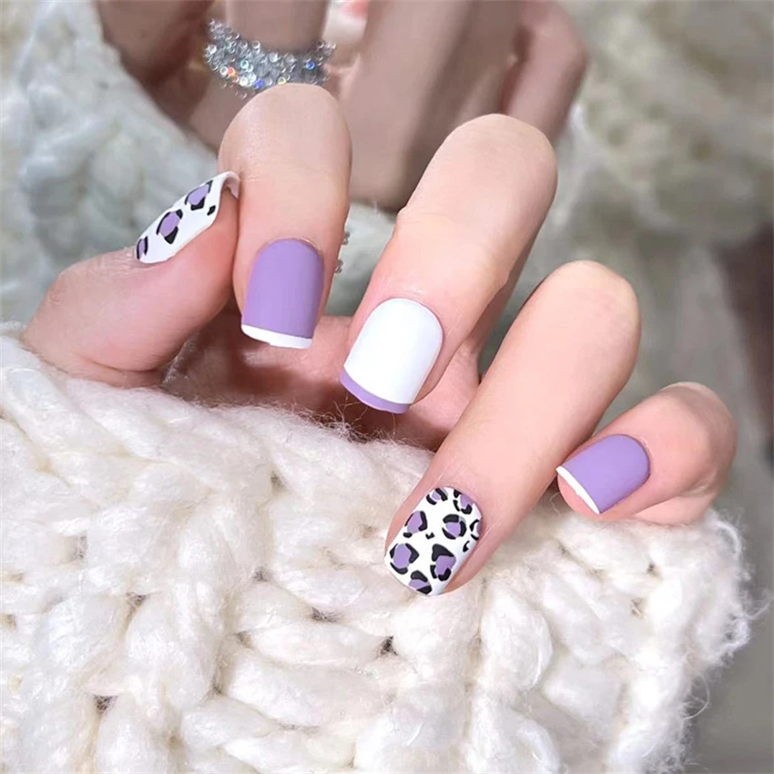 24Pcs/Set Lavender Purple Leopard Print Wearing false nails French Design Acrylic Press On Nail Art Removable short Fake Nails