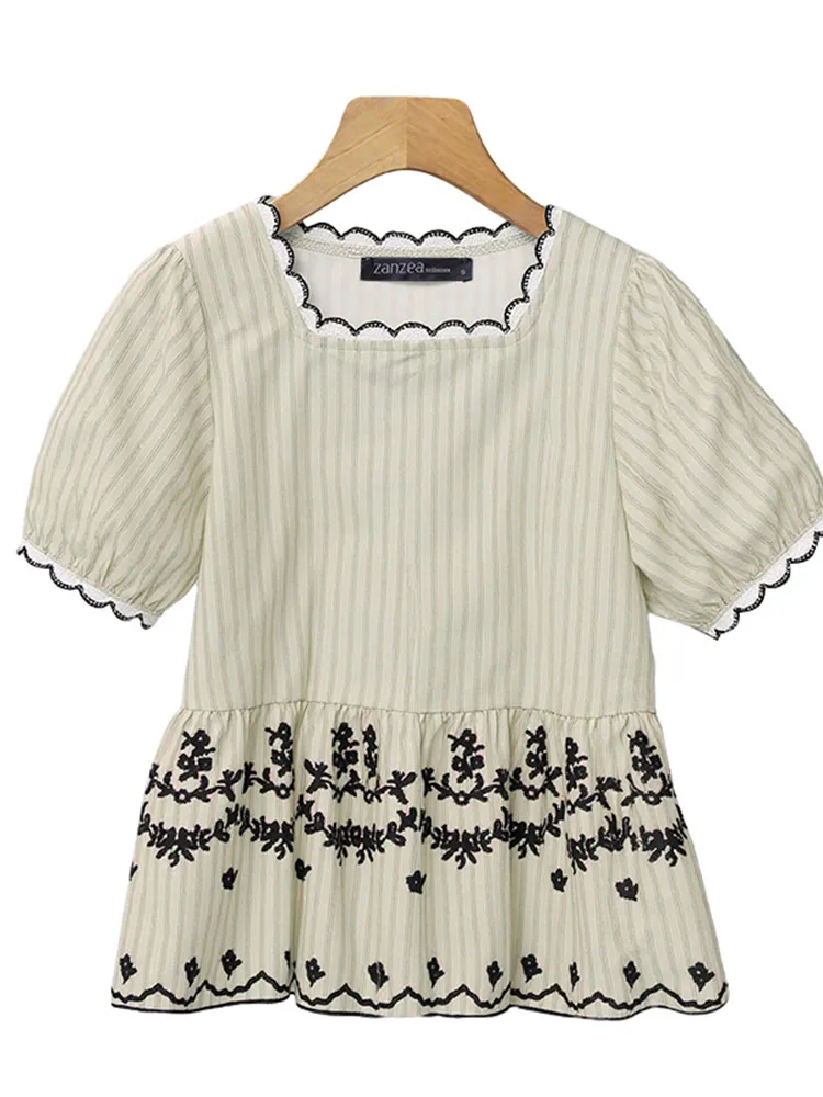 

Vintage Tops Women Short Sleeve Tunic 2025 ZANZEA Fashion Lace Striped Blouse Pacthwork Blusas Casual Loose Square Neck Tops