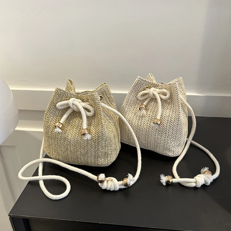 Drawstring Shoulder Bags Casual Summer Beach Woven Straw Small Handbag Large Capacity Crossbody Bags