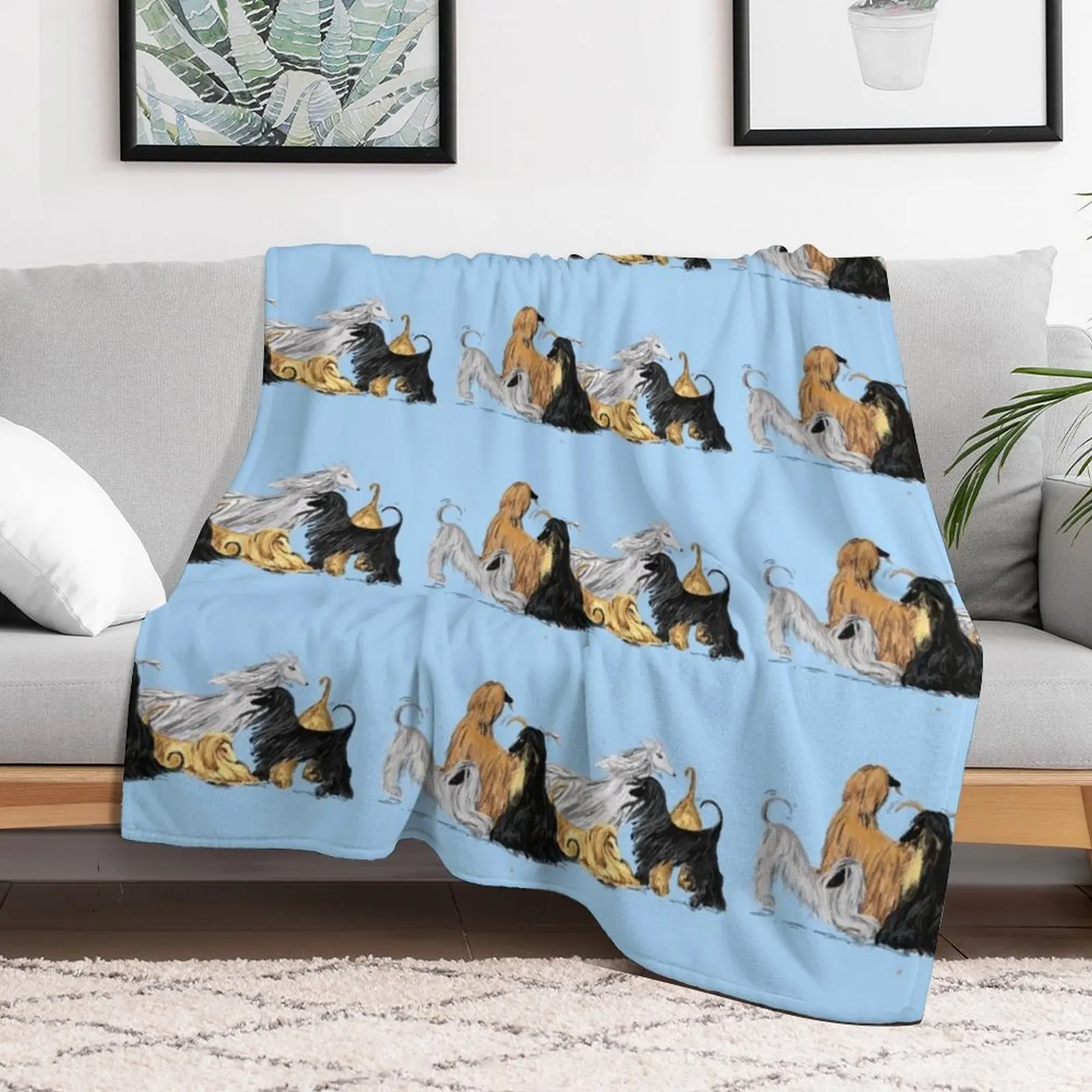 Afghan hounds, on blue Throw Blanket