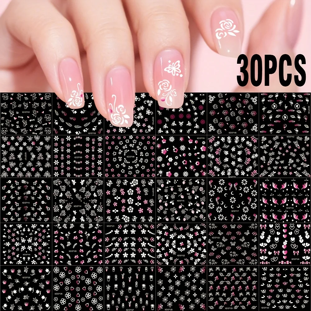 10-teiliges Glamouröses Blumen-Nagelkunst-Aufkleber-Set - Funkelnde Farbverlauf-Pink- und Weißblumen, Selbstklebend, Schimmernde Akzente für