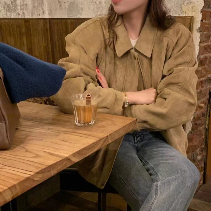 Retro Loose Deerskin Lapel Zipper Jacket 2025 Autumn and Winter Fashion Motorcycle Women's Jacket