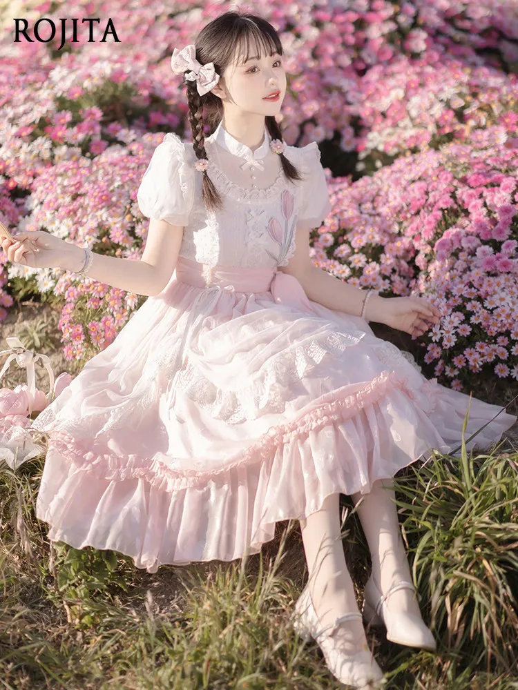 

Lolita Daily Pink Princess Dress Chinese Style Sweet Kawaii Hanfu-Inspired Lolita OP Pink White Lace Ruffle Long Dress for Women