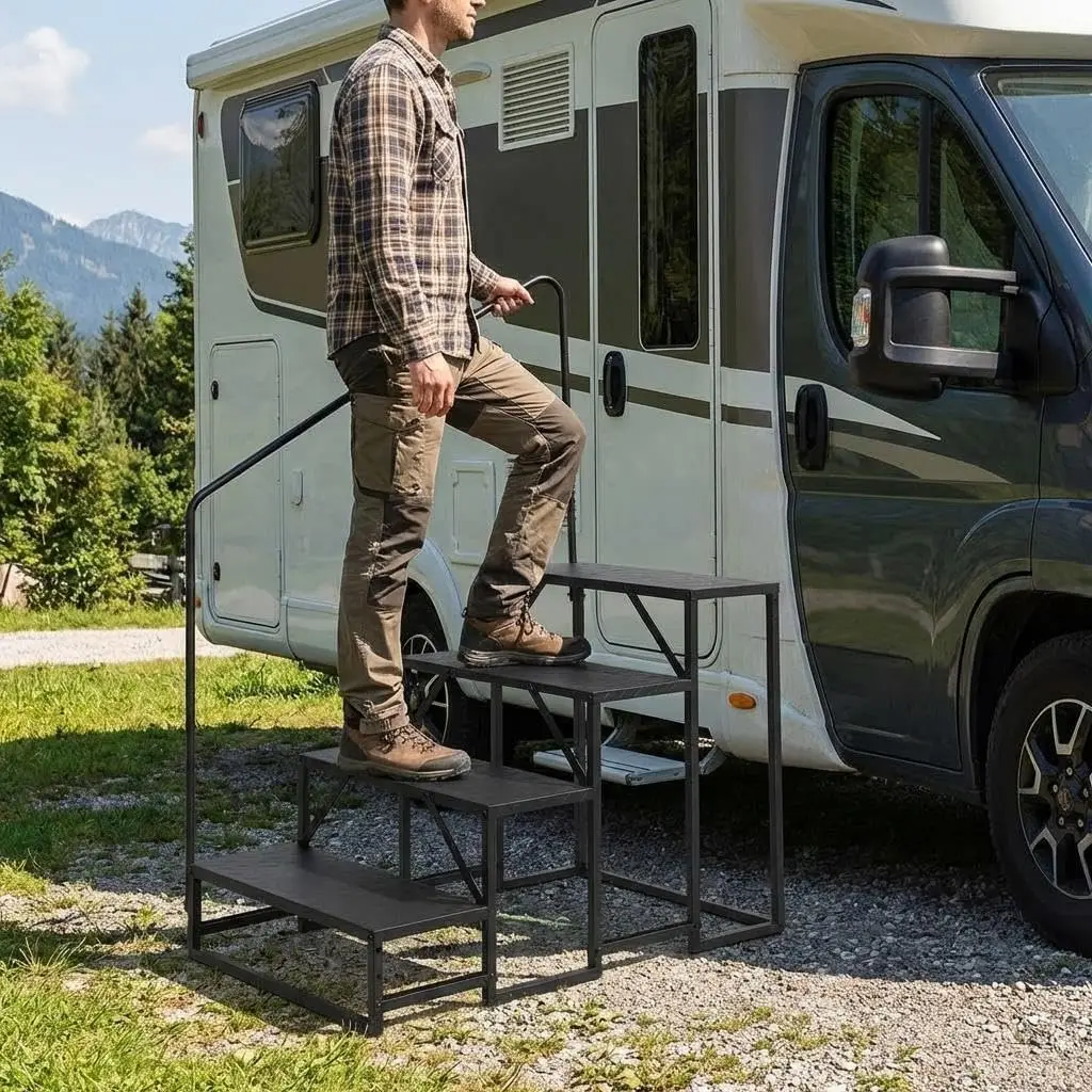 Image of 2/3/4/5-stufige RV-Treppe mit Einzelhandlauf, tragbare Stufenleiter aus legiertem Stahl für einfachen Zugang zu Wohnmobilen und Reiseanhängern