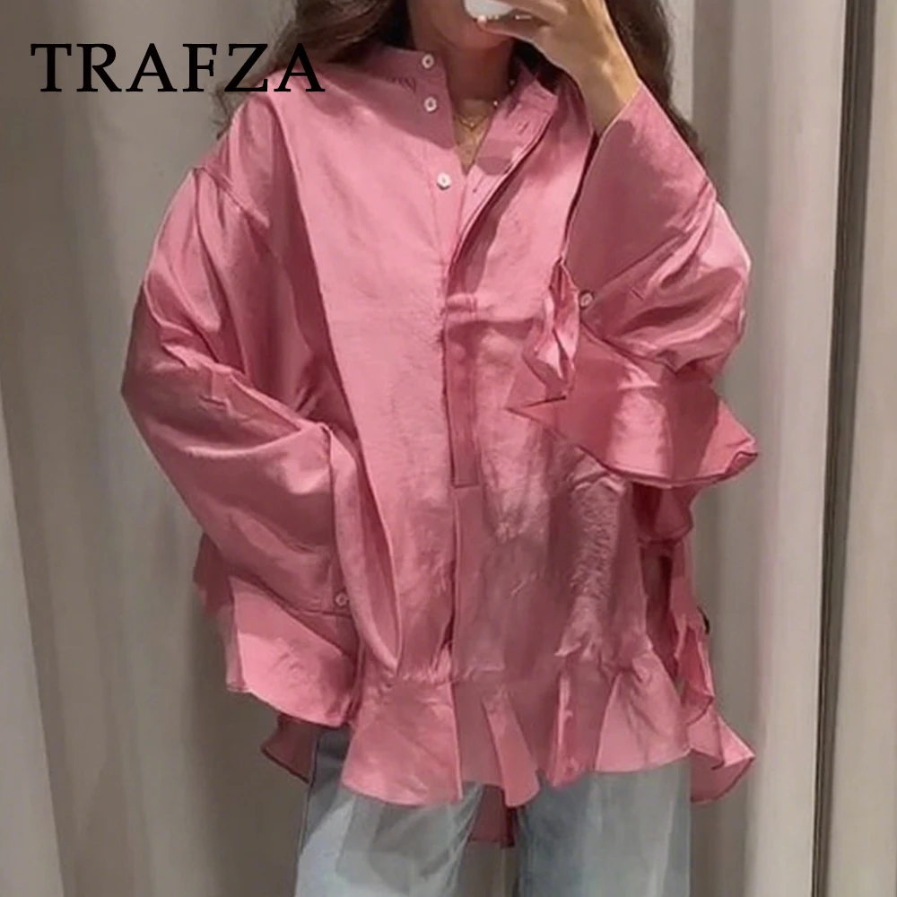 

TRAFZA Pink Fashion 2025 Casual Oversized Women Shirt Tierred Single Breasted Streetwear Shirt Y2K Autumn Pleated Elegant Blouse