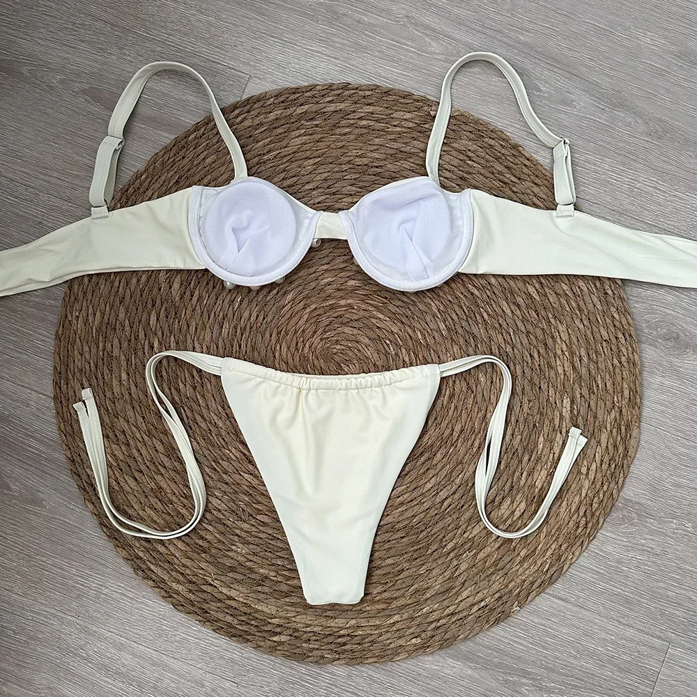 マイクロ プッシュアップ ビキニ 2024 レディース水着 セクシー水着 タンクトップ付きビキニセット ブラジリアンビーチウェア パール付きバスタイムウェア ビキニ 女性用