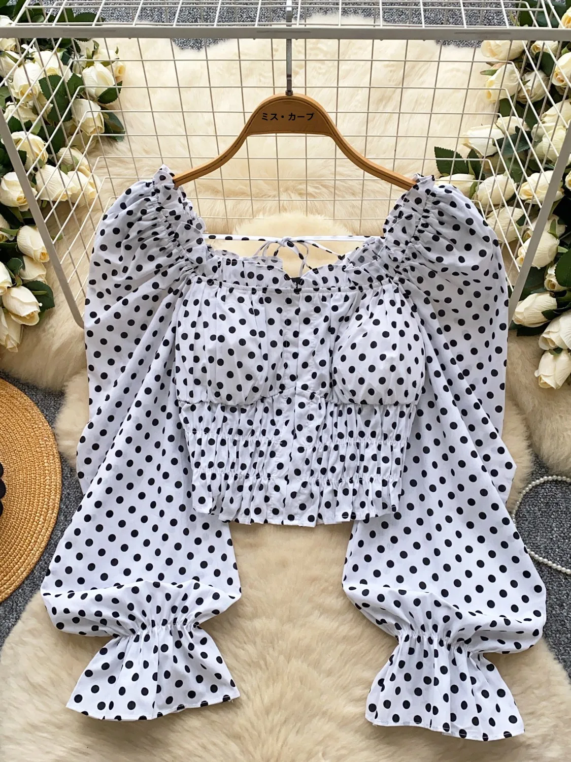 

Retro Polka Dot Lantern Sve Women's Top Summer ort Crop Top Wooden Ear Design Korean Sle Loose Fit Long Sve