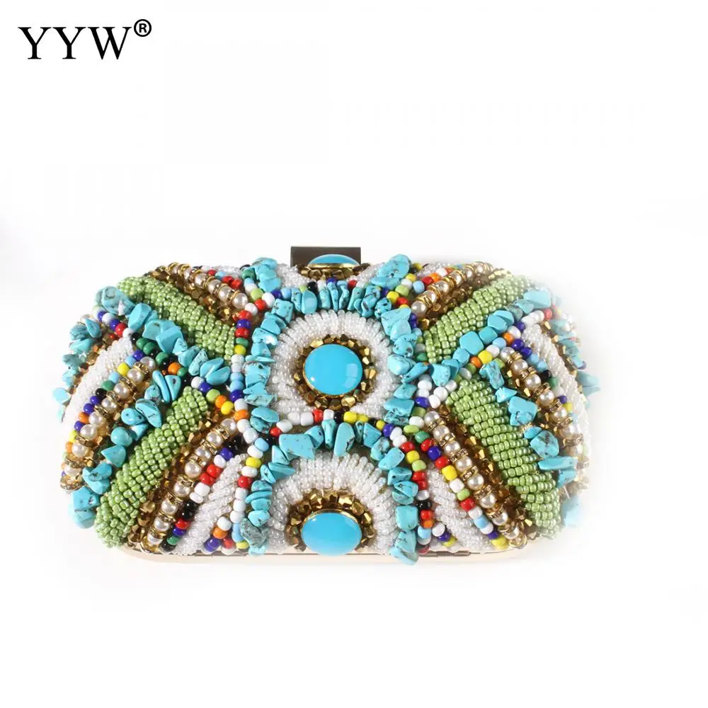 2023 Multicoloured Stone Bohemia Beading Evening Clutch Bags Contrast Rainbow Colors Hand Bags Women Wedding Party Purse Clutch