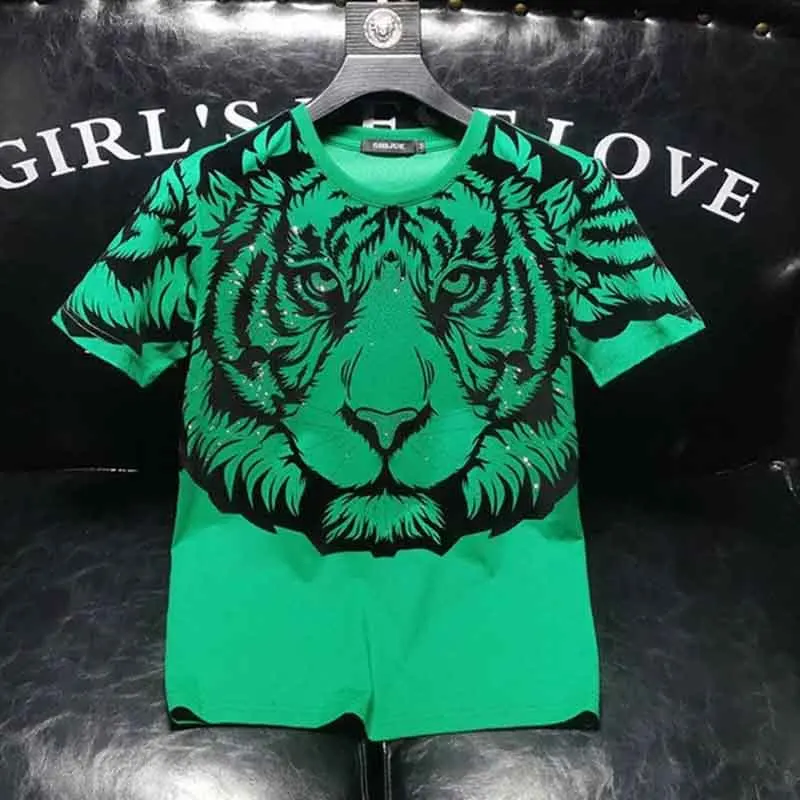

2025 Summer New Tiger Head Short Sleeve T-Shirt Men's Round Neck Trend Loose Hot Diamond Printed Half Sleeve T-Shirt