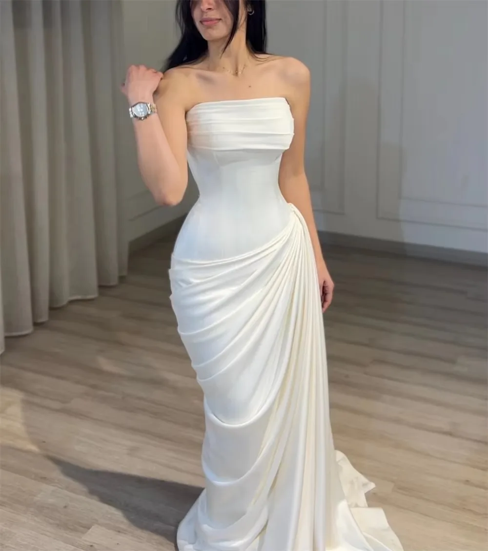 Ladies Dresses White Satin Strapless Bridal Gown Tube Neck Ruched Draped Mermaid Skirt Women Wedding Party Dresses