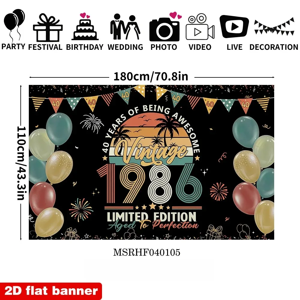 Vintage-Hintergrund zum 40. Geburtstag von 1986, Retro-Hintergrund mit der Aufschrift „40 Years of Being Awesome“ mit Palme und Sonnenuntergang für die Party – Detail 2