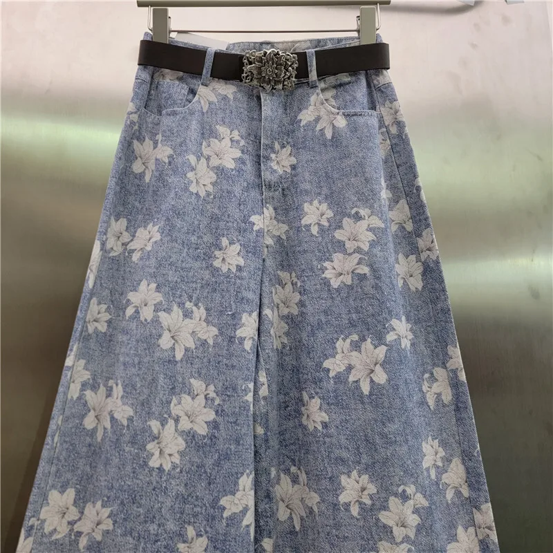 WTHT 패션 프린트 스트레이트 청바지 여성용 새로운 트렌디 하이 웨이스트 벨트 디자인 와이드 레그 캐주얼 데님 바지 여성 1LS1945