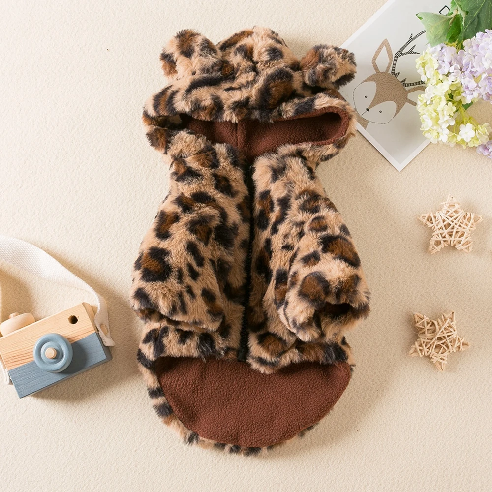 Winter Plush Pet Dog Clothes Leopard Print Pet Hoodies Warm Coat Puppy Jacket French Bulldog Dog Clothing For Small Medium Dogs