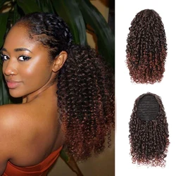 Short Kinky Curly Drawstring Ponytail Clip in Hair Extension for Women 14inch Ombre Brown Synthetic Natural Soft Curly Fake Hair