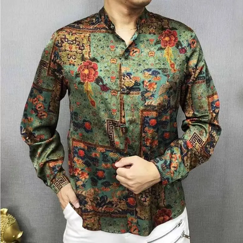 Spring Autumn New Floral Printing Jacket Man Fashion Round Neck Long Sleeve Button Cardigan Chinese Style All-match Y2K Outwear