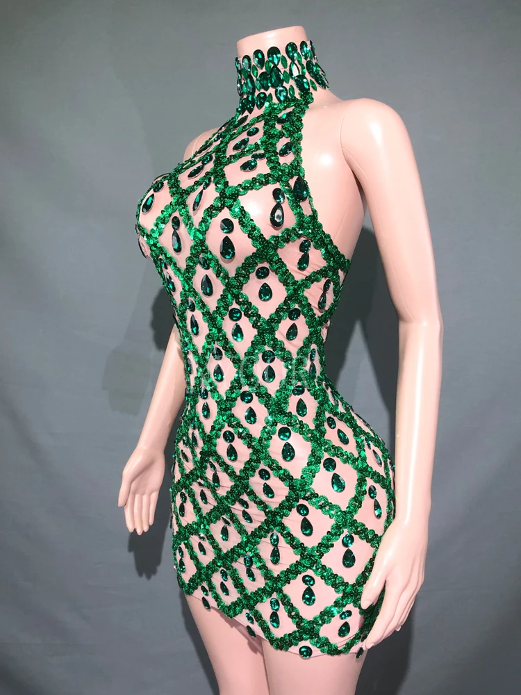 Shiny Green Rhinestone Sleeveless Short Women Dress Sexy Transparent Mesh Party Bar Club Photo Wear Stage Performance Costumes