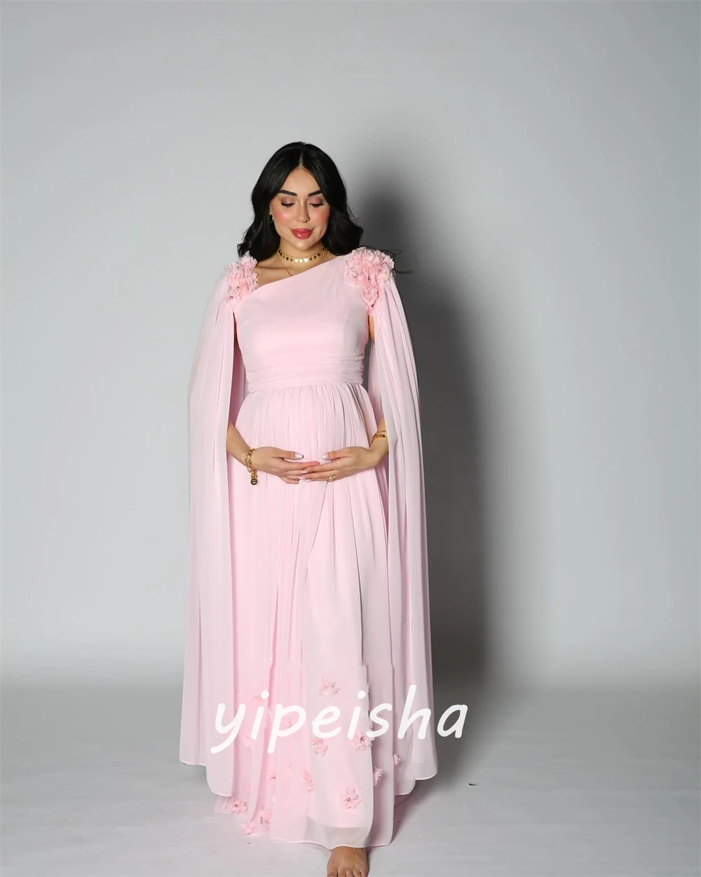 Customized Sexy Casual Chiffon Flower Beading Draped Party A-line V-neck Bespoke Occasion Gown Long Dresses