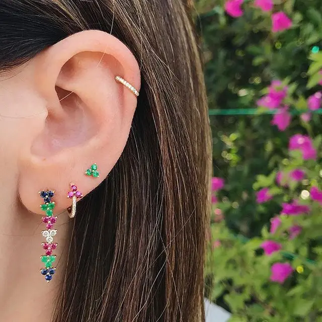 925 Sterling Silver Colorful Cz Blue Red Green Multi Piercing Hoop Earring Delicate Dainty Cz Adorable Women Girl Jewelry