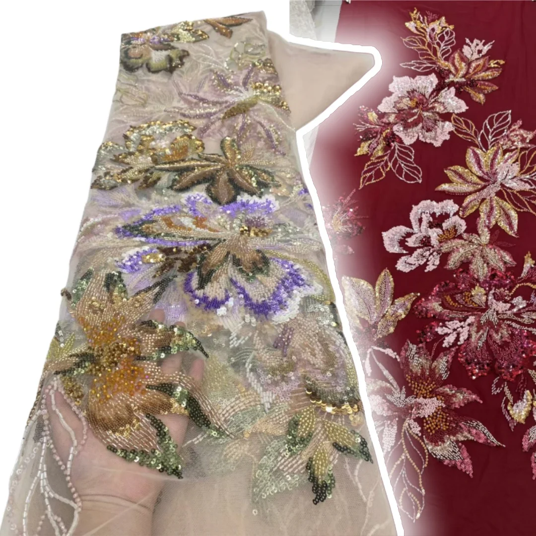 

African French Beaded Lace Fabric 2025 High Quality Lace Embroidered Nigerian 3D Sequins Tulle Lace for Sew Party Dress SZ979