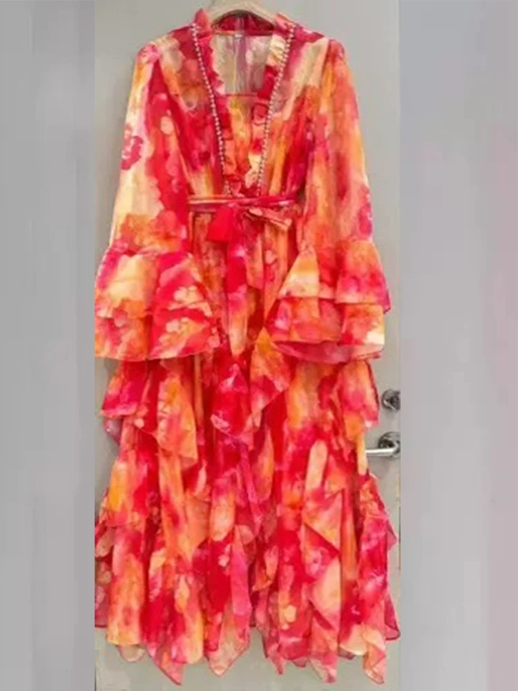 Primavera/verão 2025 novo vestido de manga comprida com decote em v com estilingue estampado elegante renda cintura camada de orelha de madeira sobre camada babados longo sk