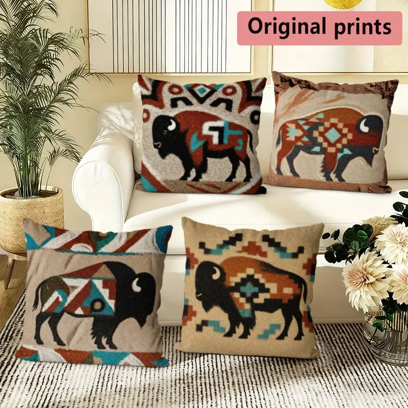 Southwestern Bison Print Pillow Covers Pattern Cushion Cover Suitable for Sofa Bedroom Car Pillow Cover