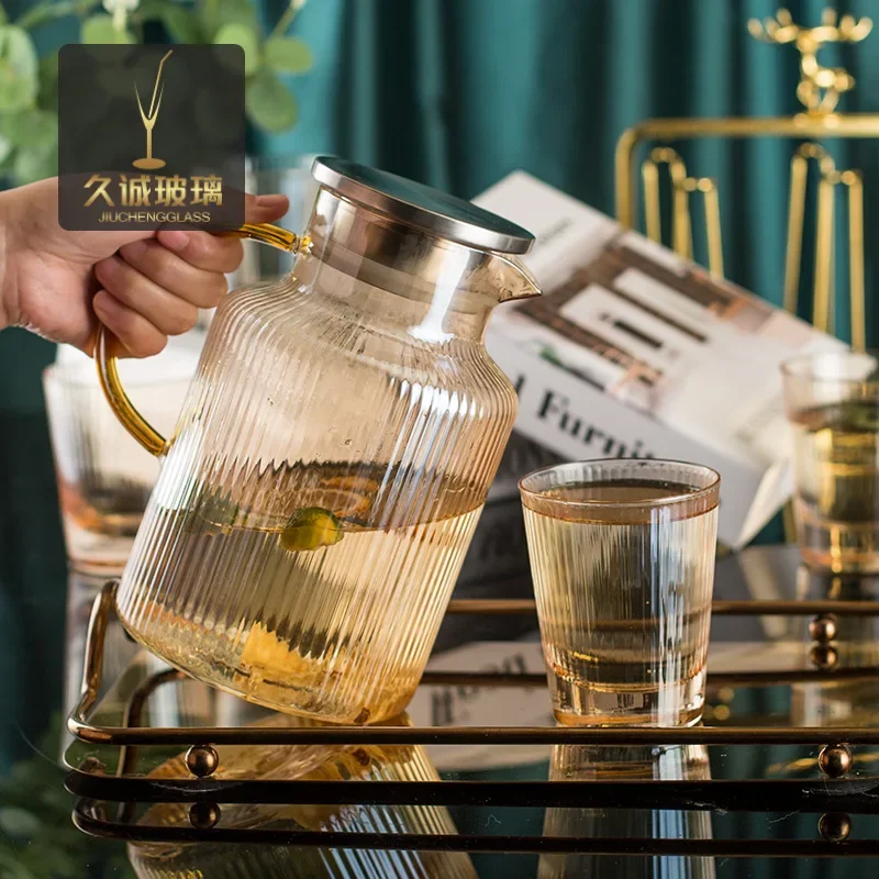 

Transparent Glass Kettle with Vertical Pattern, Water Pitcher, Large Capacity, Cold Water Pot, Transparent, Nordic Light, Luxury