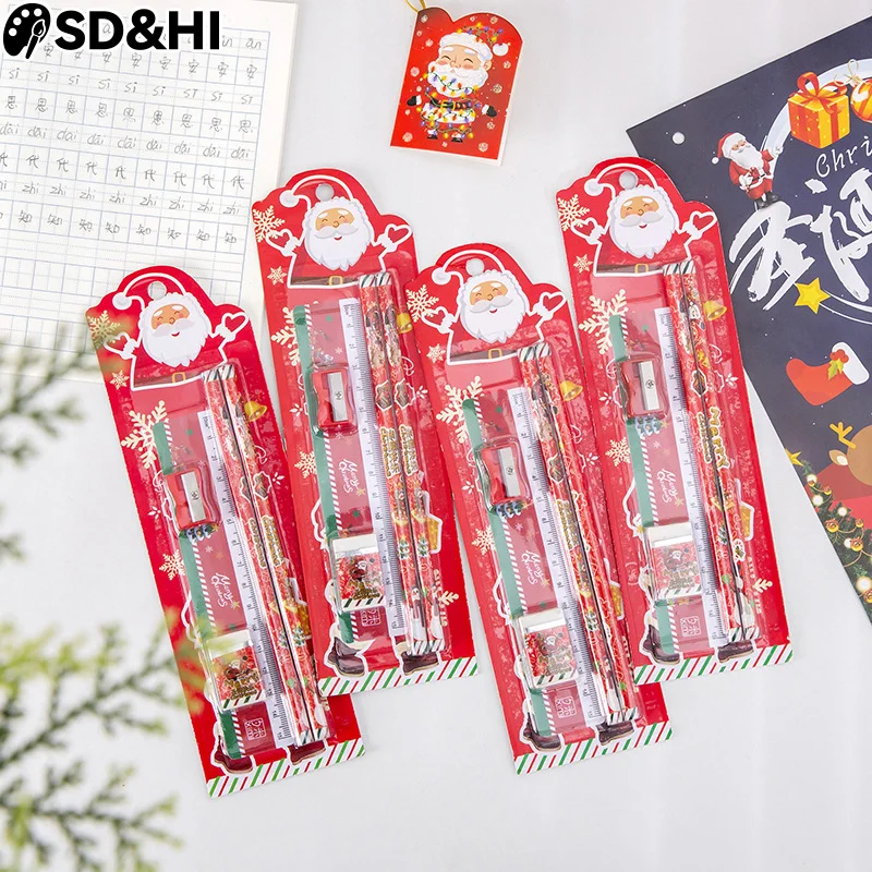 5Pcs/set Cute Christmas Stationery Set Santa Claus Pencil Ruler Pencil Sharpener Eraser School Supplies Children Prizes Gift