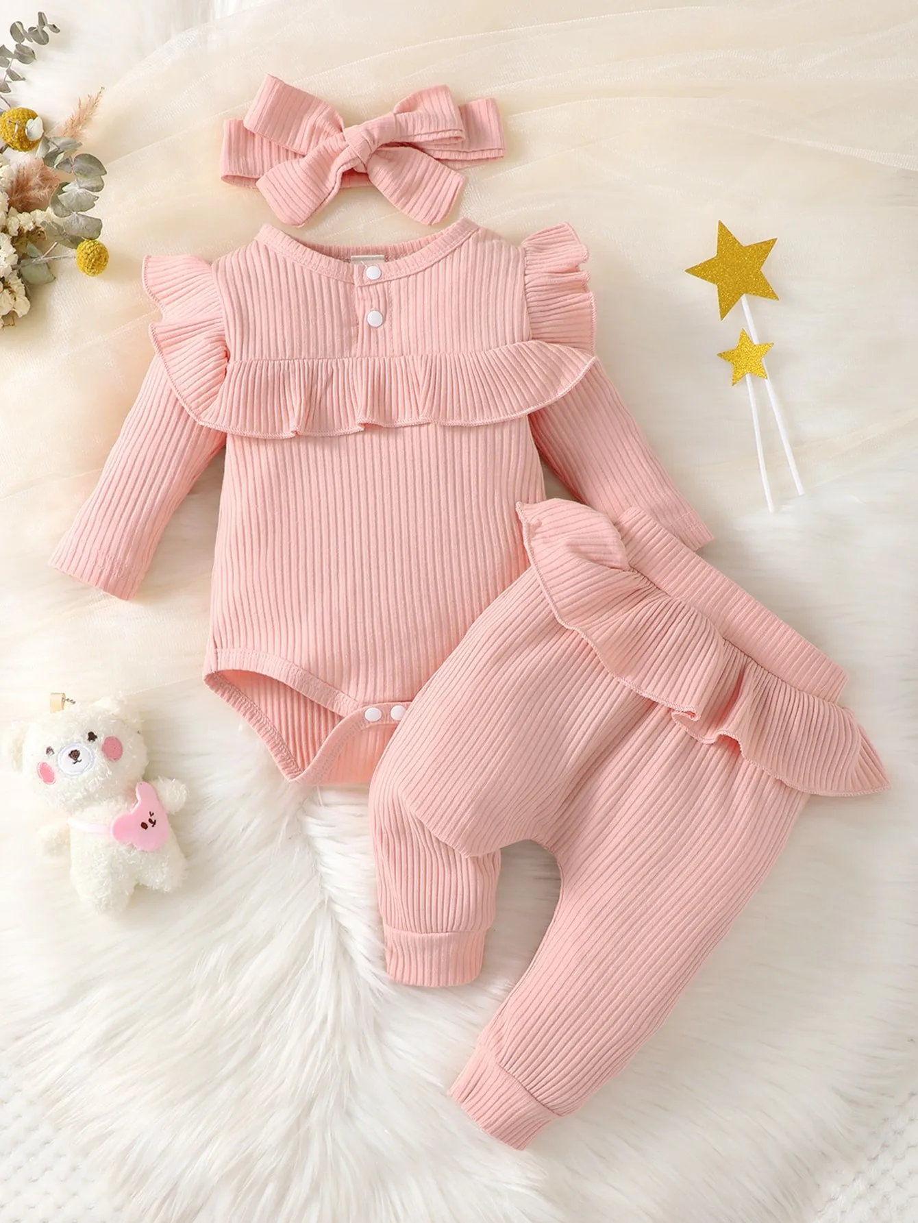 Spring And Autumn Baby Girl Ruffle Trim Bodysuit & Pants & Headband