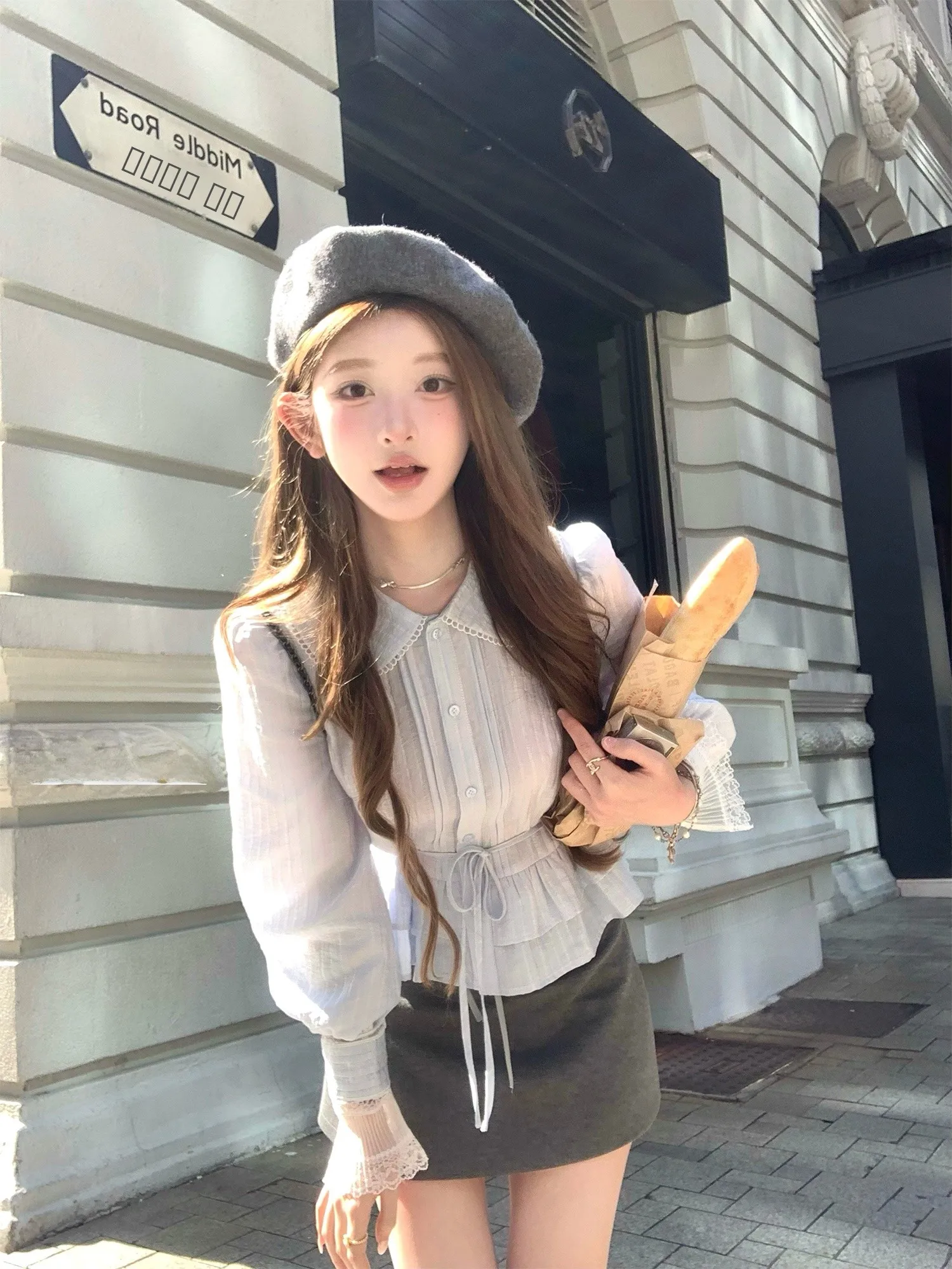 

Синяя шелковая тафтяная блузка с длинным рукавом, воротником с рюшами и бантом, приталенная, для молодых женщин, весенняя коллекция