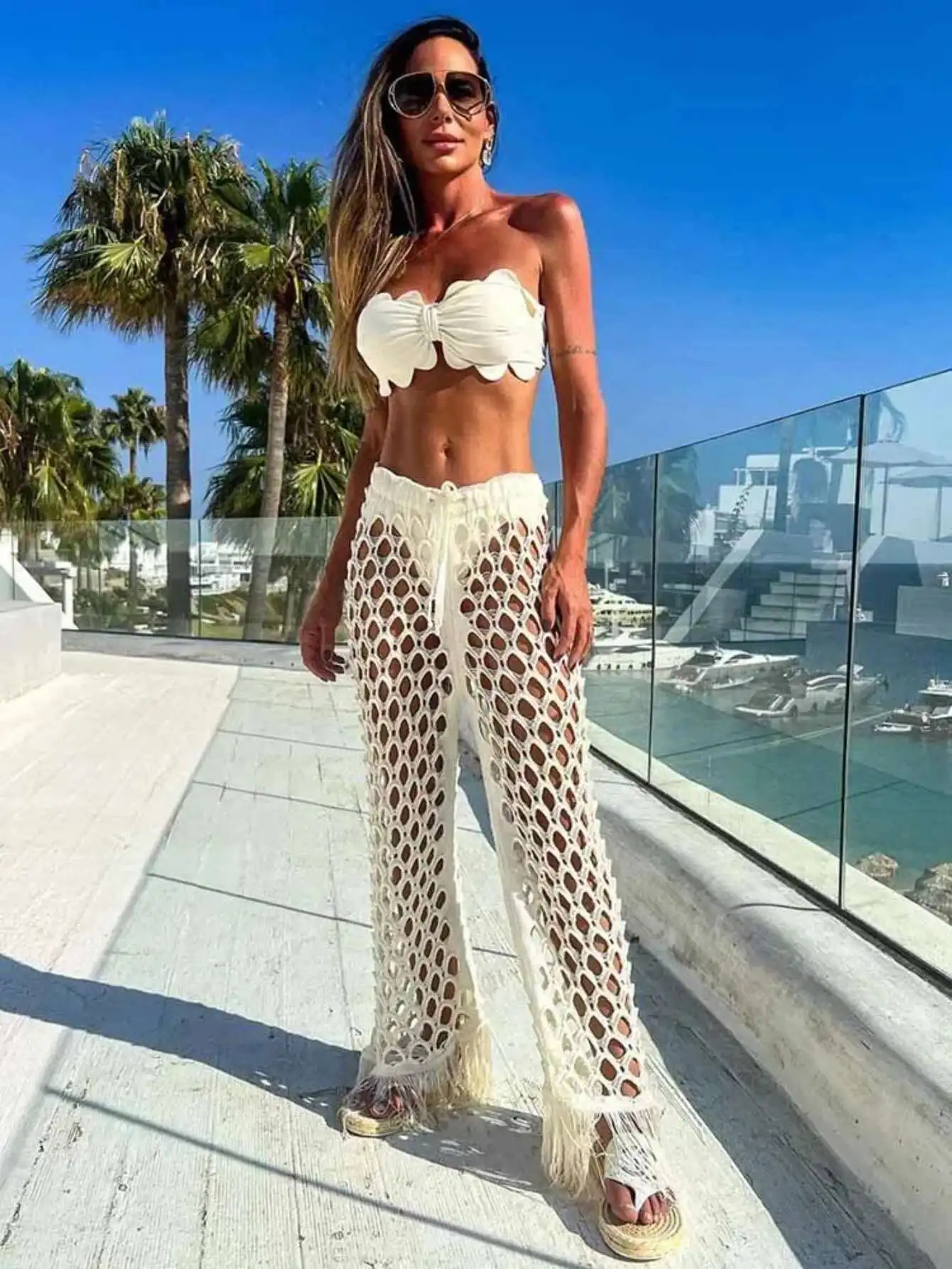 2025 New Summer Women Sexy Three Pieces Set White Tube Top With Hole Pants Suit Female Solid Bikini Beachwear