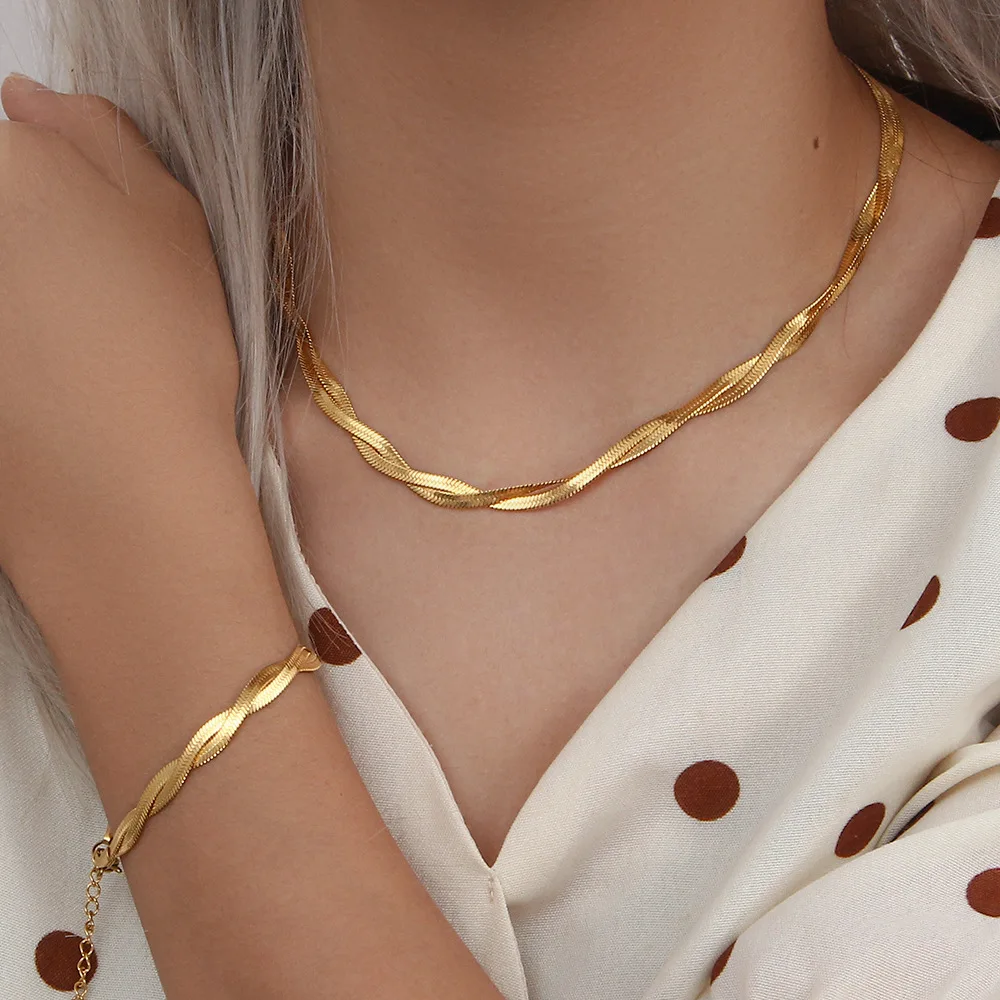 Gold Plated Waterproof Braided New Herringbone Chain Necklace Bracelets Set Wholesale Stainless Steel Jewelry For Women