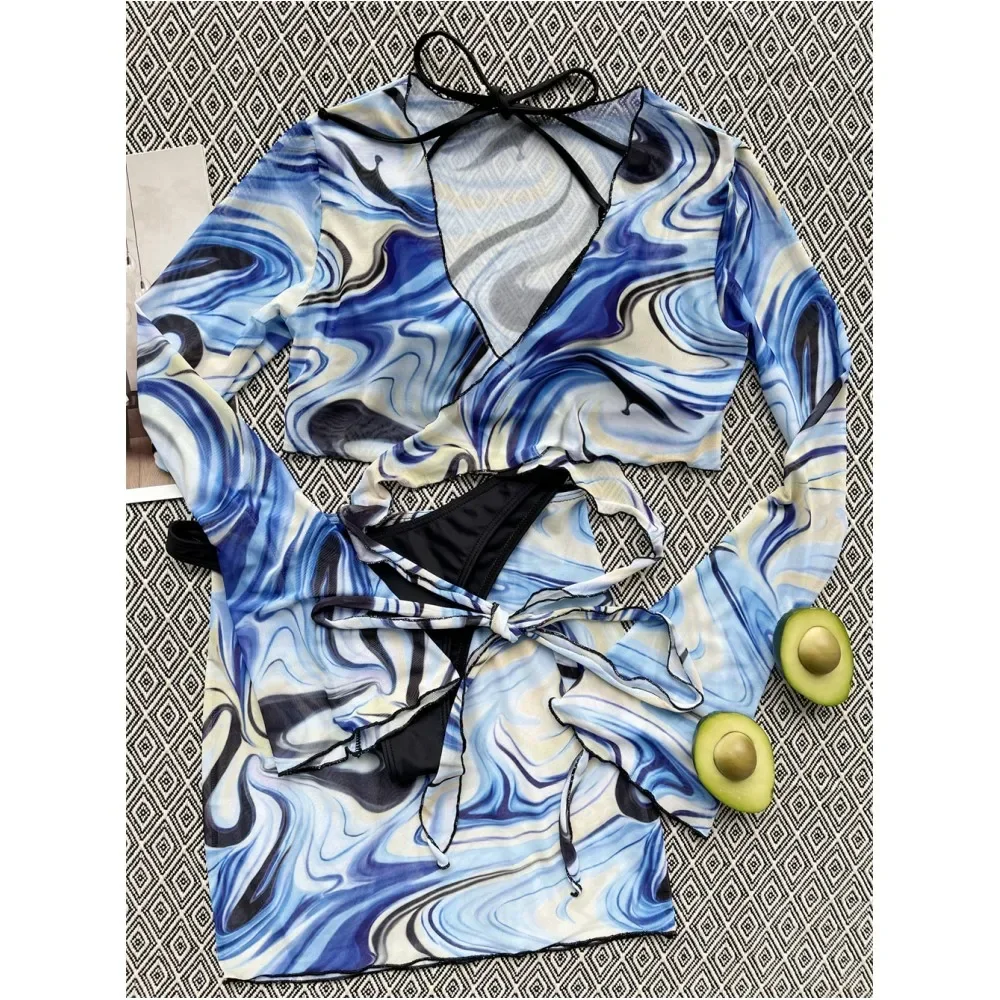 Costume da bagno con fasciatura a maniche lunghe Copricostumi da spiaggia Micro stringhe Push Up Gonna bikini Costumi da bagno Donna 4 pezzi Abiti da vacanza Set sexy