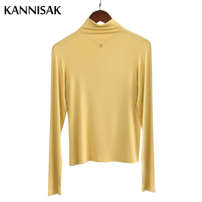 Damskie koszulki T-shirtowe Bluzka bazowa 2025 Jesień Zima Golf Ciepła Moda Koreańska Jednolita Cienka Tkanina Wewnętrzna Dopasowana Modalowa Koszulka — zdjęcie 4