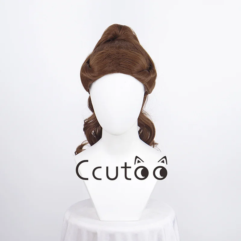 Peluca de Cosplay de La Bella y La Bestia para mujeres adultas, cabello sintético marrón, cola de caballo + gorro de peluca