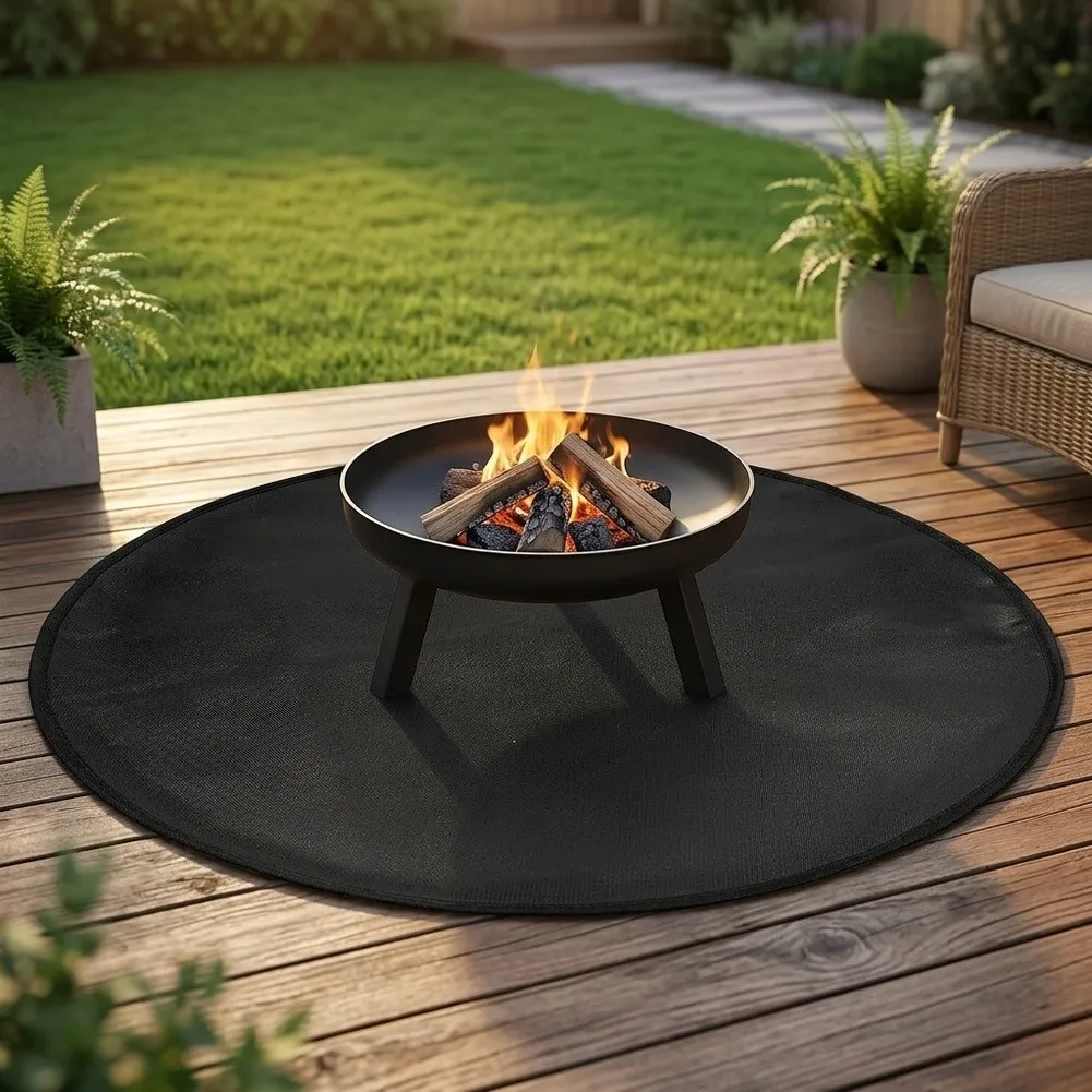 Round BBQ Grill Mat Heat Resistant Fire Pit= Pad For Patio Deck Lawn Protection Safe Outdoor Cooking Accessory Easy Clean Black