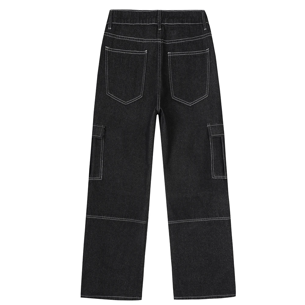 Men Multi Pockets Cargo Denim Jeans Black Loose Straight Pants Workwear Streetwear Trousers