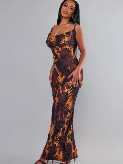 Fałdy Print Spaghetti Strap Slim Long Dresses Women Fashion Sexy Low Cut Package Hip Bodycon Party Dress Trendy Streetwear New