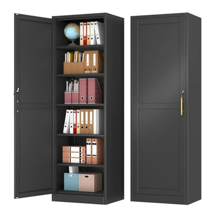 Tall Narrow Slim Metal Storage Cabinet with Lock and 5 Adjustable Shelves, Steel File Cabinets, Kitchen Pantry Cabinet Locker O