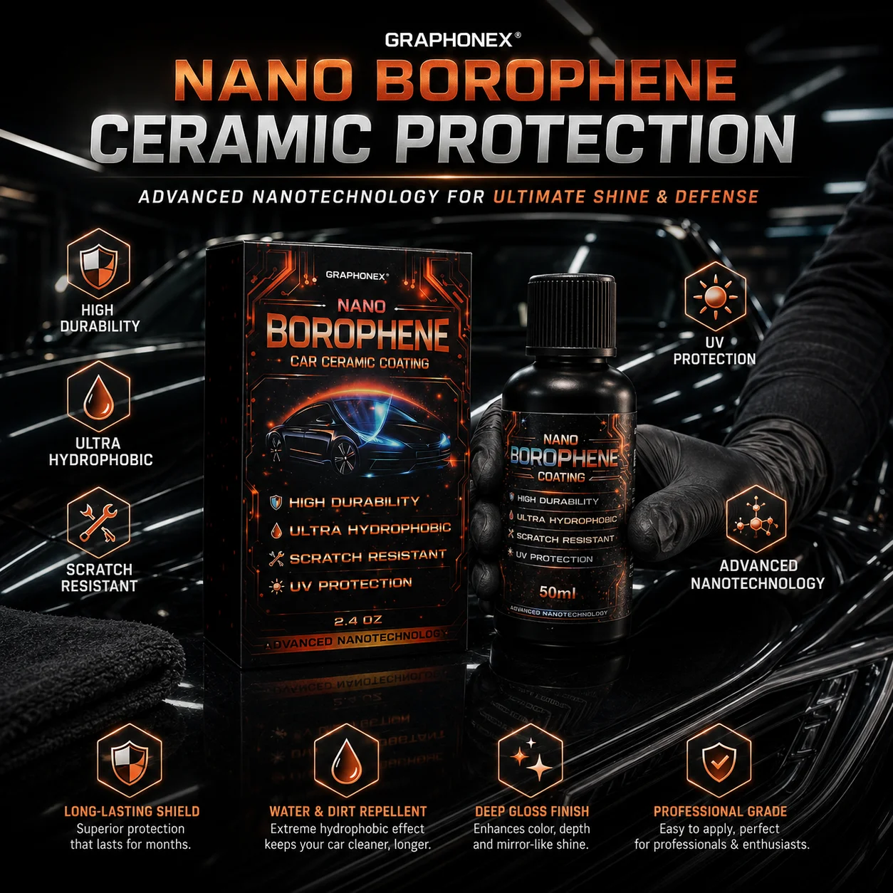 Nano Borophene Car Ceramic Coating – Ultra-Hydrophobic, Scratch Resistant, UV Protection & High Durability