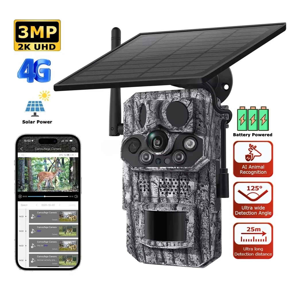 3MP 3 PIR AI Animal Recognition GPS Tracking Outdoor Wireless 4G Sim Card Solar Panel Power Surveillance Trail Hunting Camera