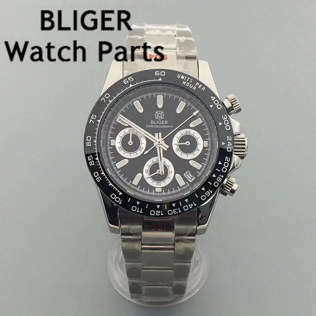 BLIGER 39mm VK63 Quartz Chronograph Men's Watches Panda Three Eye Business Watch Sapphire Glass Green Luminous Stainless Steel