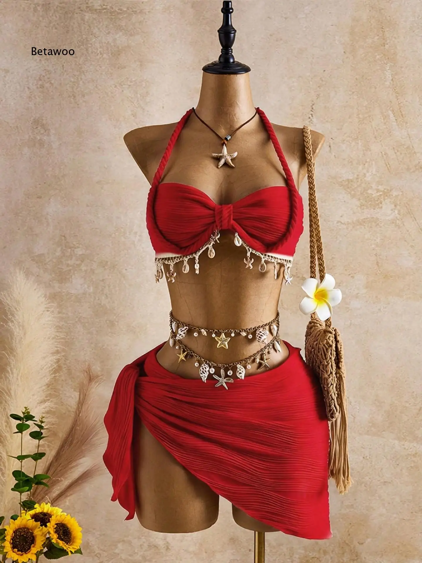 Women Halter Knot Bikini Three Piece Set Shell Tassel Embellishments Matching Wrap Cover Up Skirt For Summer Beach Looks