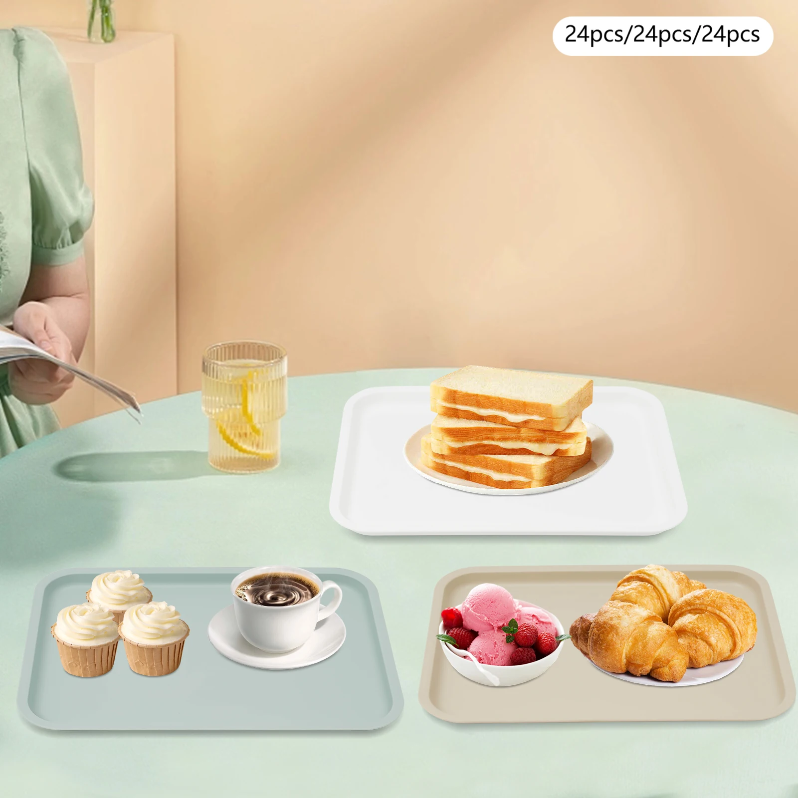 

24Pcs PP Serving Trays, Anti-Slip Stackable Fast Food & Cafeteria Trays, Heat/Cold Resistant for Catering Home Use 36*27*2 cm