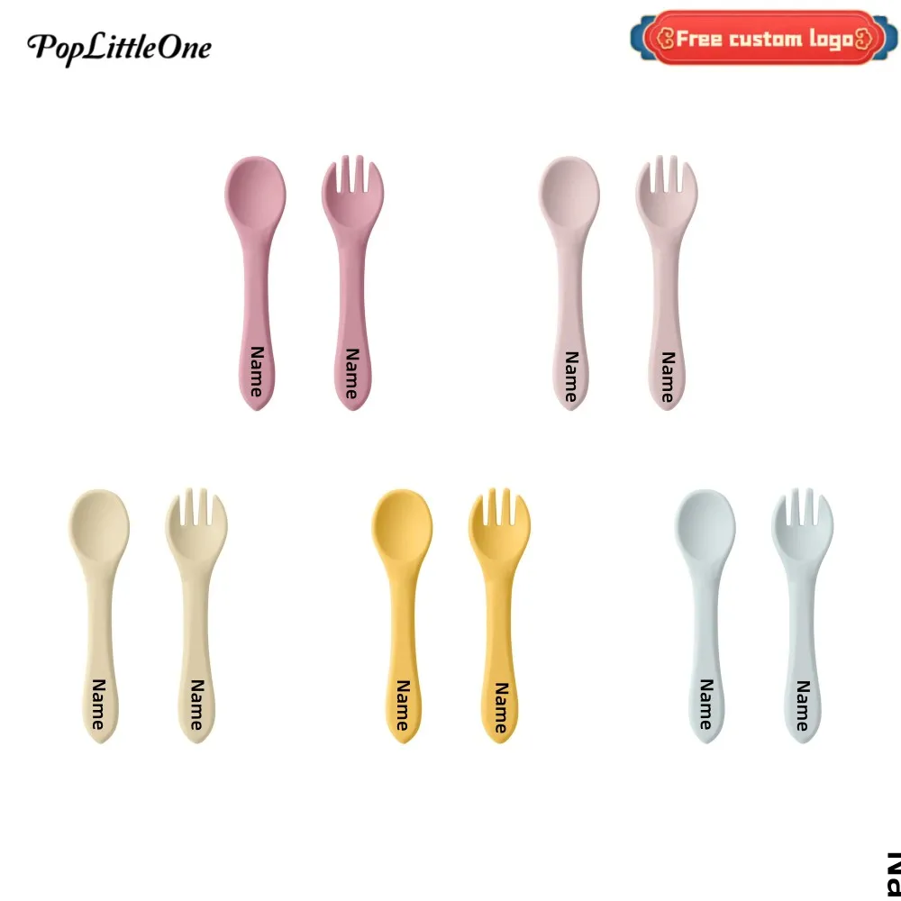 Personalized Name 2PCS/Set Silicone Baby Utensils Food Grade Spoon Fork Eating Training Children Tableware Baby Cutlery