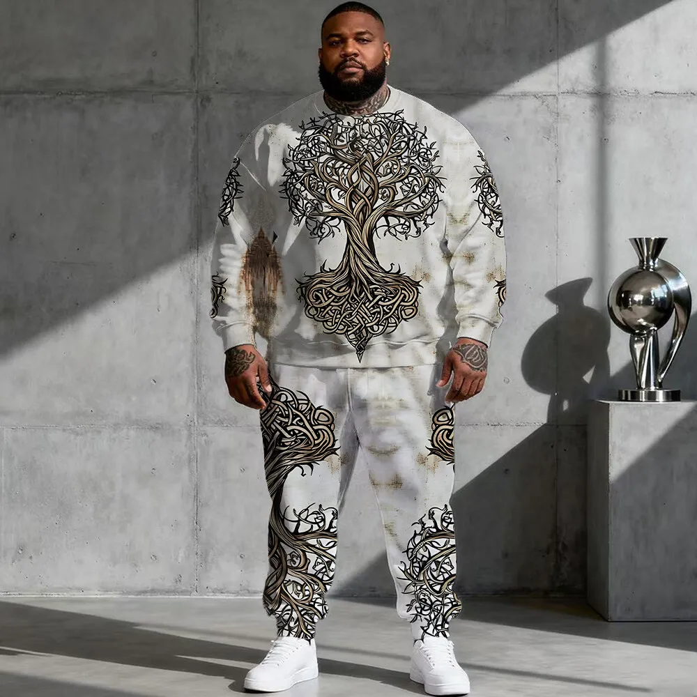 

S-9xl Комплект толстовок больших размеров с капюшоном большого и высокого размера с этнической атмосферой — модный из двух предметов, из дышащего материала, ретро-племенный дизайн