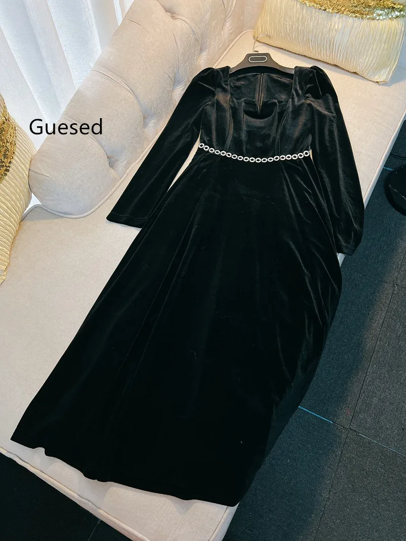 Guesed-Velvet Black Dress for Women French Vintage Dress Top Quality Elegant A-Line Square Collar Long Sleeve New Arrival