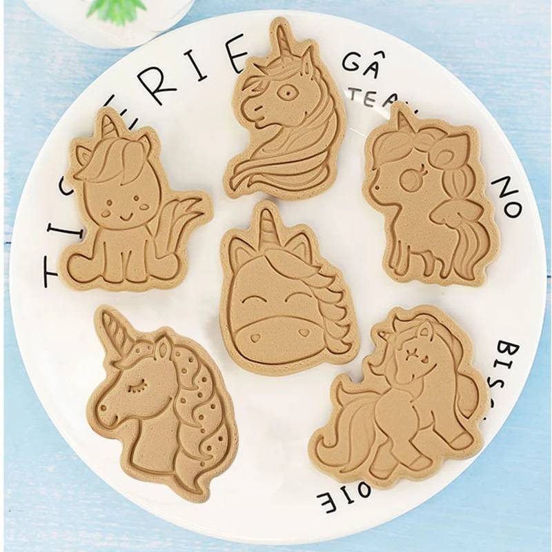 Cortadores de galletas de unicornio con juego de sellos de émbolo, 6 piezas de sello de galleta en relieve con forma de unicornio para hornear galletas, fondant, queso