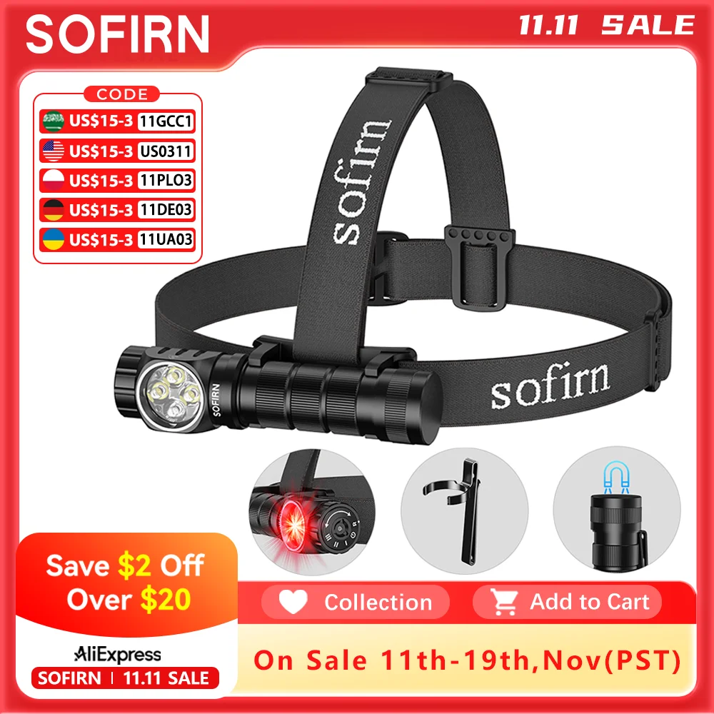 SOFIRN HS43 3200lm كشافات 184 متر أبيض و 660nm أحمر LED مفتاح دوار 21700 USB C مصباح يدوي قابل لإعادة الشحن IPX6 مقاوم للماء