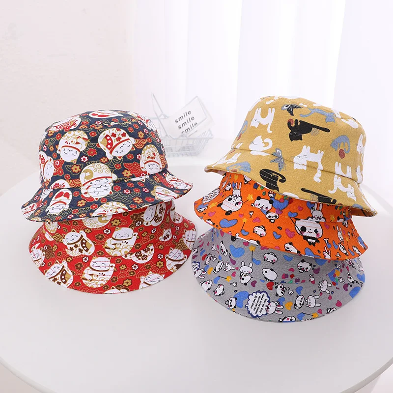 Amber Children Bucket Hat Boy Girl Kid Panama Fisherman Hats 54cm Child Double Sides  Cartoon Print Summer Bob Travel Sun Cap